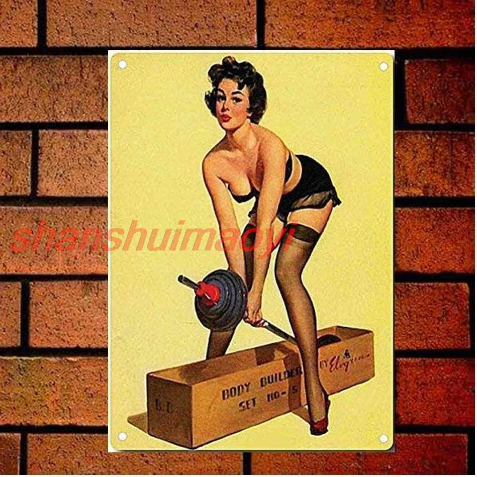 Pin Up Girl with Weights Retro Metal Sign 8x12 Wall Decor sign
