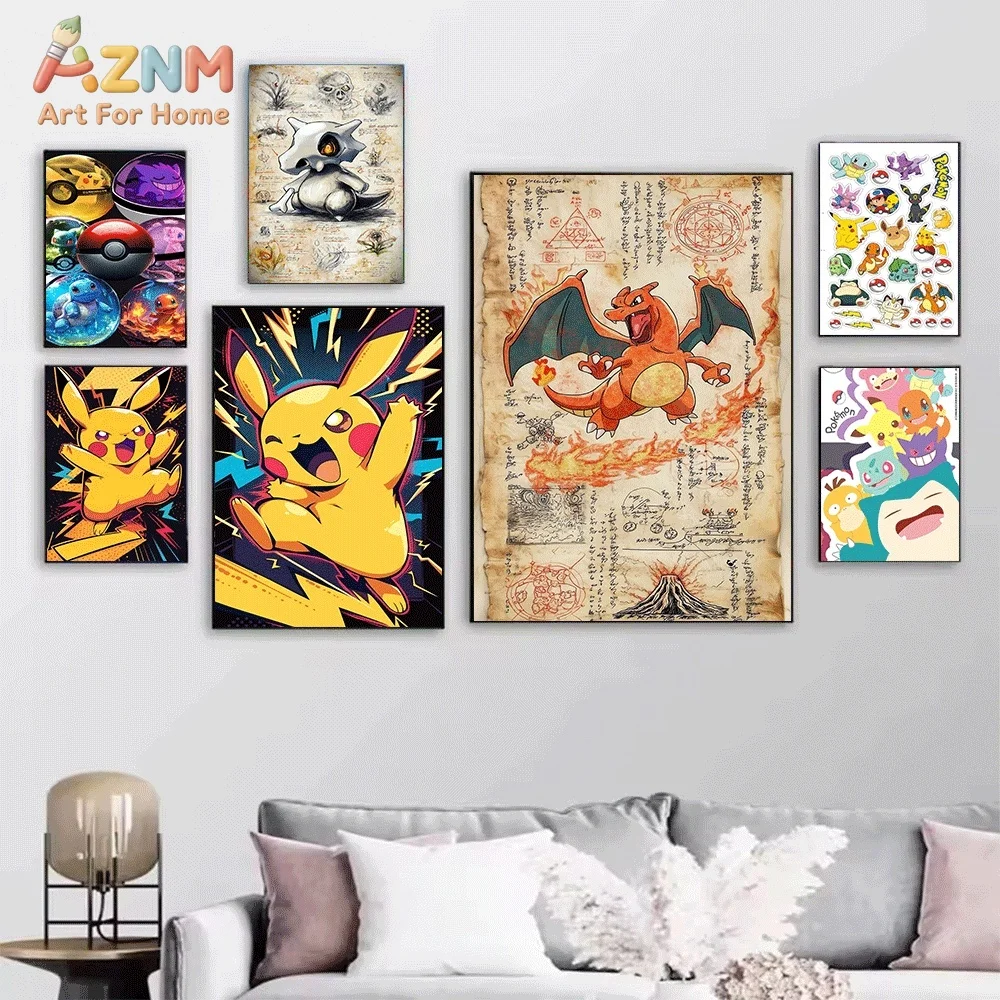 AZNM Charizard Lava Volcano Fiery Sky Anime Canvas Wall Print, Game Character Art Poster, Unframed Canvas Painting for Kids Be