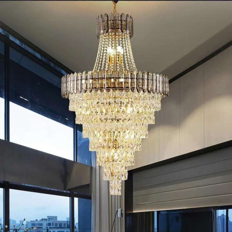 

Duplex building hollow empty living room large chandelier modern simple luxury