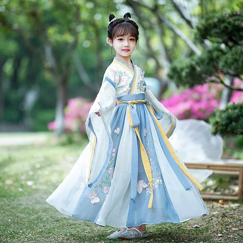 Children's Summer New Super Fairy Hanfu Chinese Style Kirt Long-sleeved Gauze Skirt Ancient Costume Little Flower Girl Dress