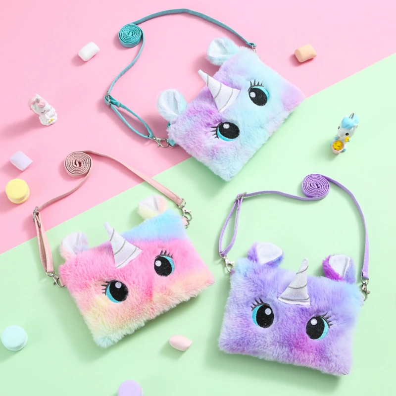 Unicorn Plush Purse Bag Girl Preppy Style Plush Crossbody Bag For Phone Square Rainbow Purse Women Handbag Children Girls Wallet