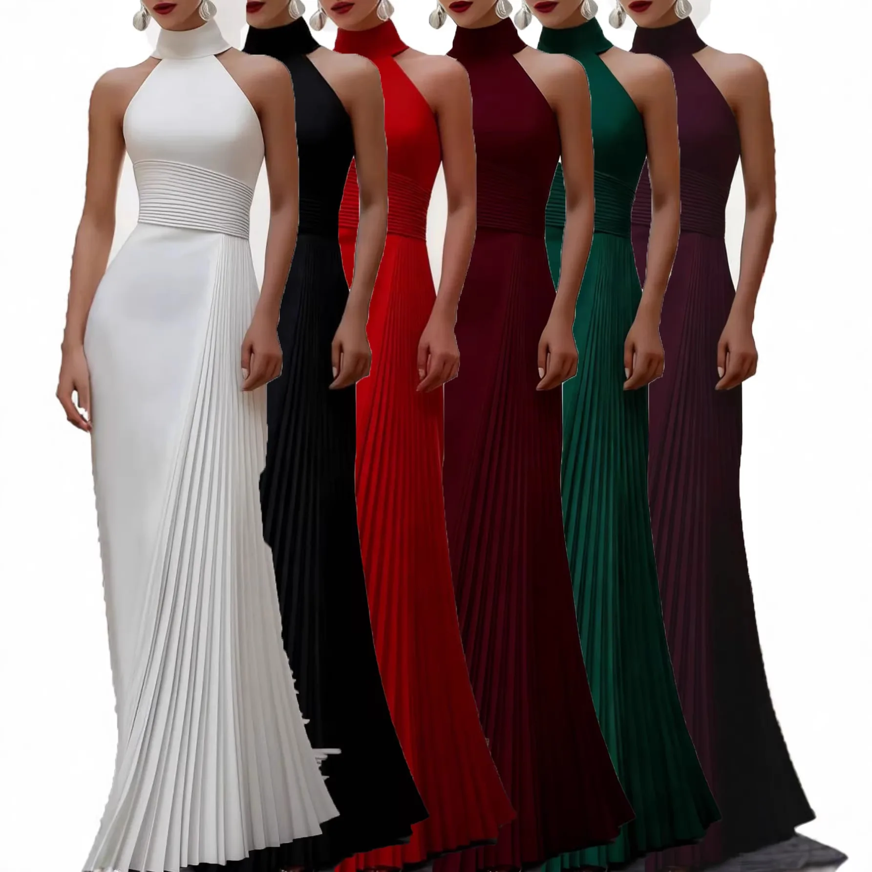 Nouvelle Robe de Soirée à Col Montant et Bretelles 2026, Coupe Ajustée, Longue Plissée, Couleur Unie, Plusieurs Couleurs Disponibles, Style Bandage