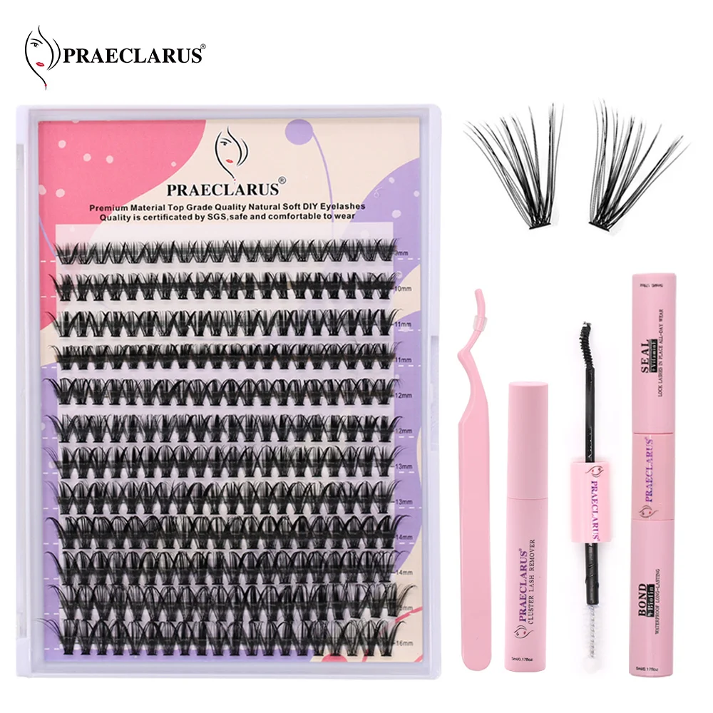 

12Rows PRAECLARUS DIY Cluster Eyelash Extension Set With Bond&Seal 30D/40D/50D D Curl 9-16mm Mixed Lashes Extension With Remover