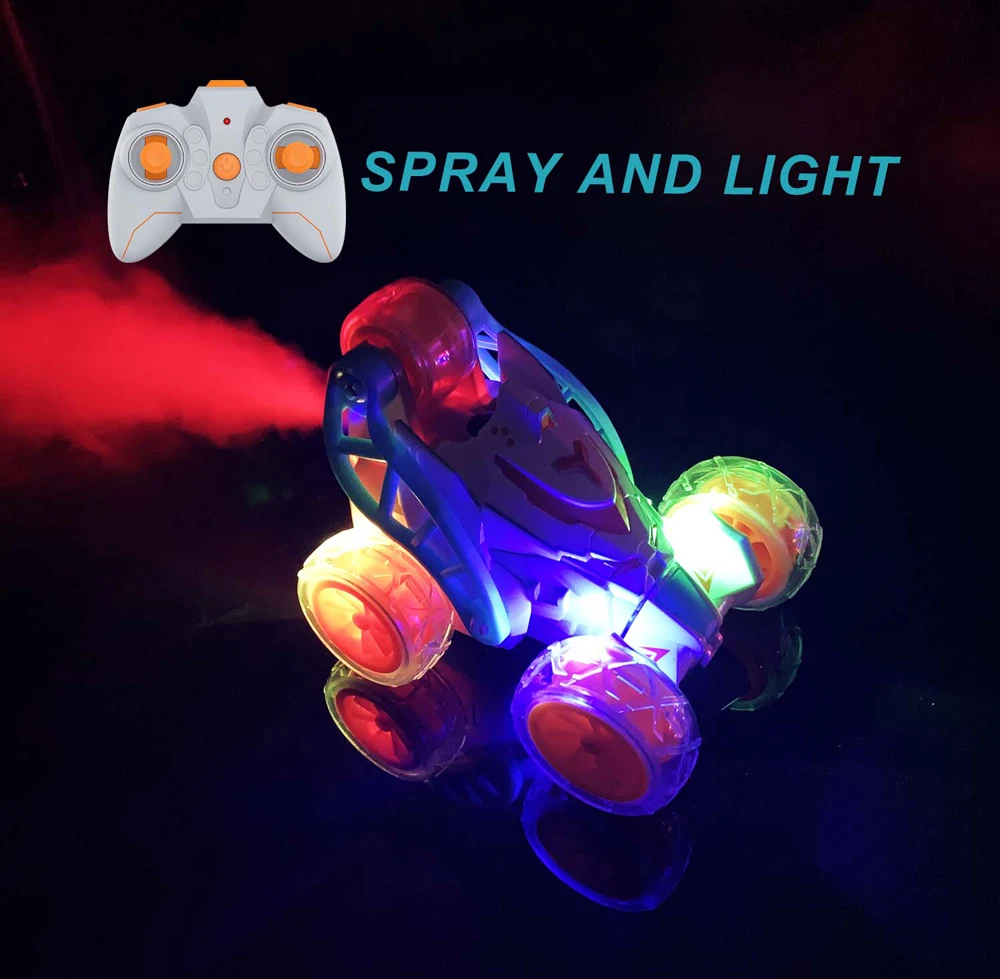 EBOYU S020 RC Stunt Car 2.4Ghz 2CH Spray Car with Music Cool Light Transform RC Rolling Rotating Wheel Stunt Car Kids Gift Toy