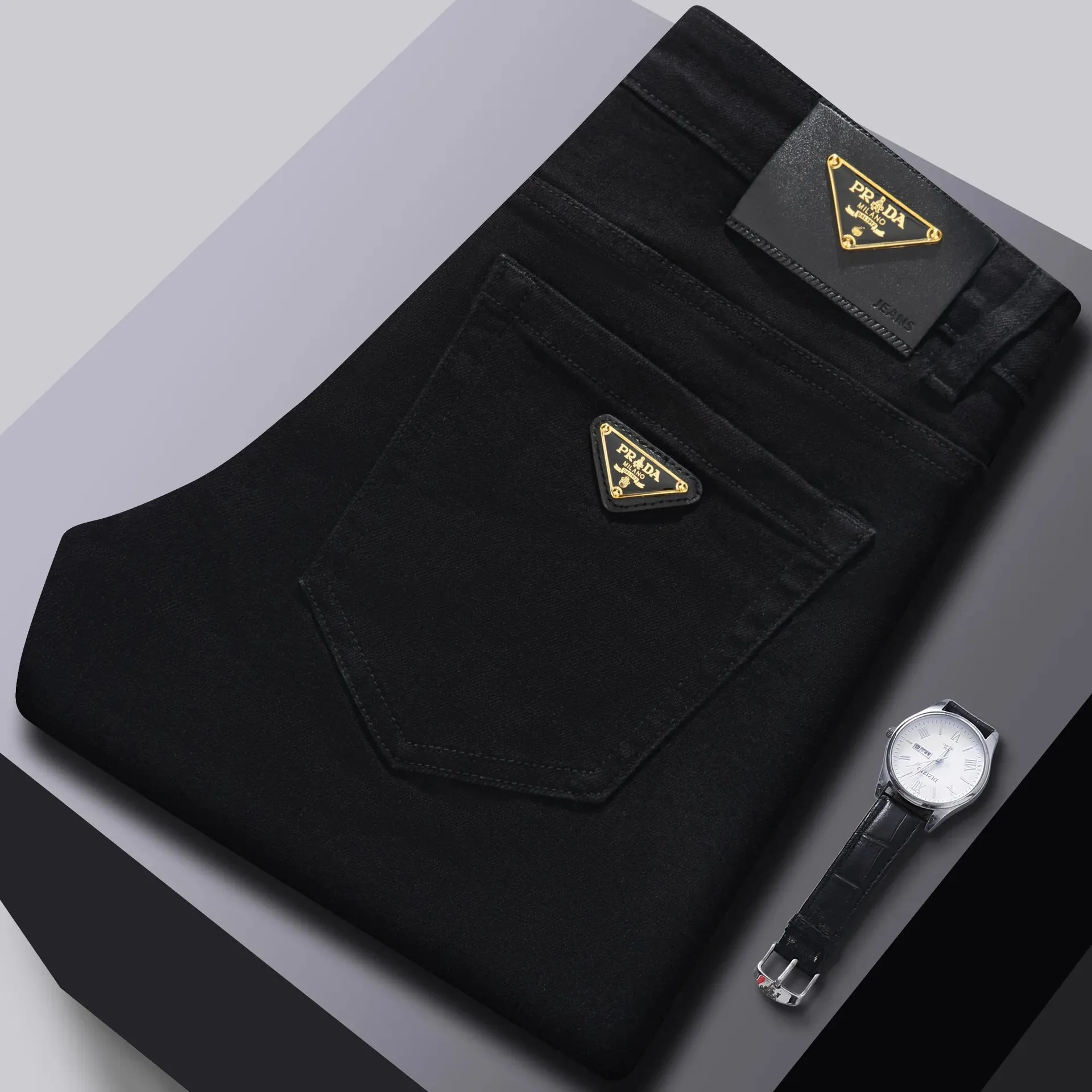 PL جينز رجالي أسود نقي عالي الجودة على الطراز الأوروبي بقصة ضيقة ينعم صورتك الظلية المستقيمة الساق بناطيل كاجوال لخريف/ث