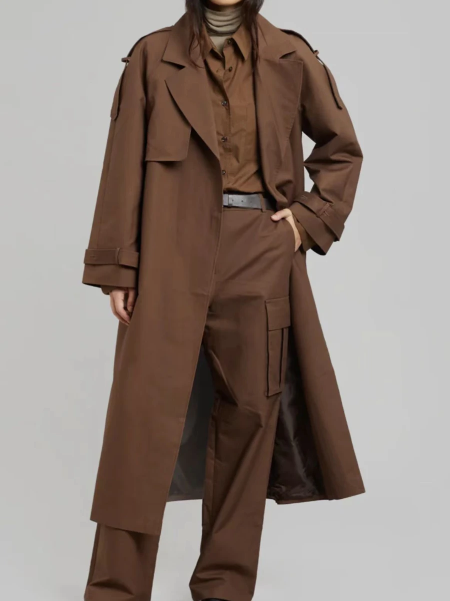 TWOTWINSTYLE Solid Loose Spliced Lace Up Trench for Women Lapel Long Sleeves Patchwork Pockets Fashion Coat Female Clothing New