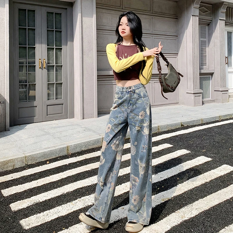 Jean Y2k pour femme, imprimé rétro américain, déchiré, ample, jambe droite, longueur au sol, Streetwear, nouvelle collection été 2025