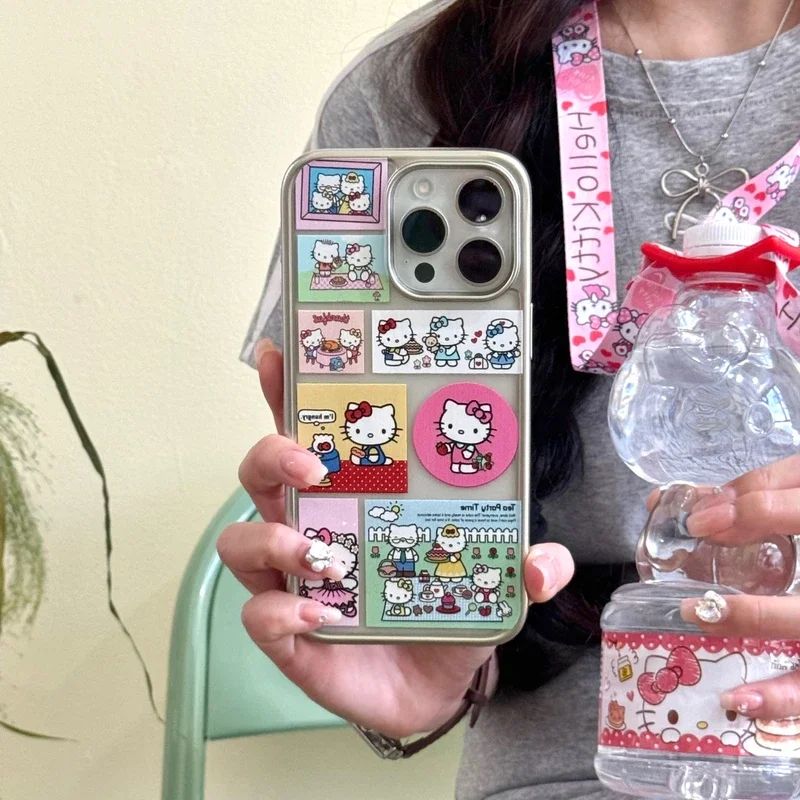 Cute Cartoon Sanrio Hello Kitty illustration transparent Phone Case For iPhone 15 14 13 12 11 Pro Max Shockproof Hard IMD Cover