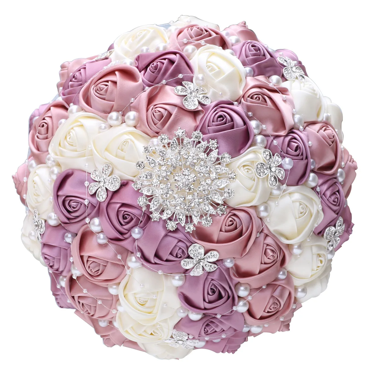 

High Quality Satin Ribbon Rose Handmade Artificial Flower Bouquet Wedding Bridal Bouquet With Pearl Rhinestone Accessories W224D