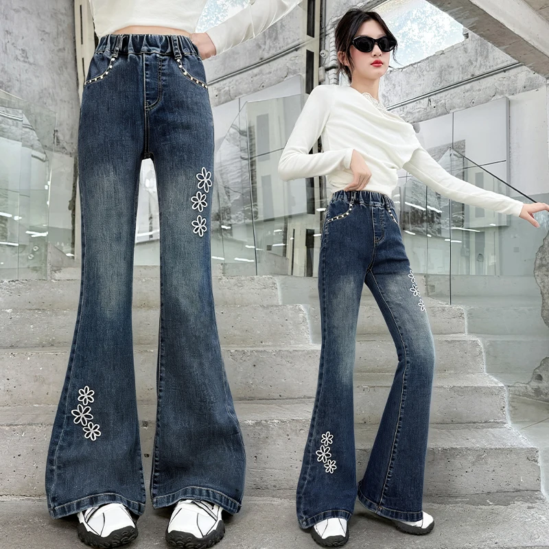 جينز بناتي أمريكي عالي الشارع مع زهرة للأطفال الصغار لربيع الخريف بتصميم عتيق y2k سروال دينم بقصة ضيقة