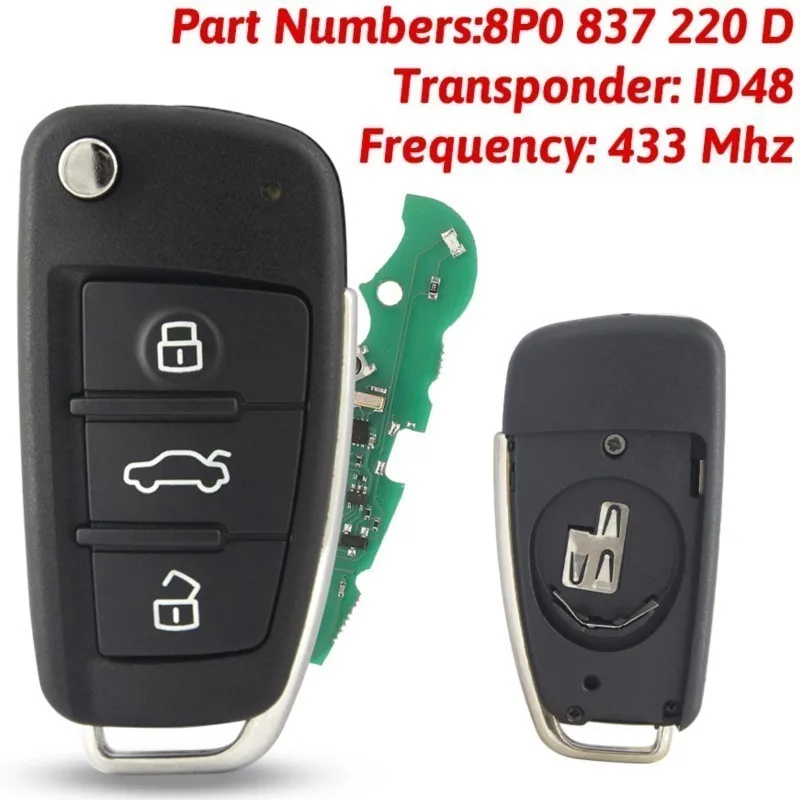 Flip Car Remote Key 8P0 837 220 D For Audi A1 A3 TT S1 S3 Q3 2005+ 434 Mhz ID48 HU66 3 Button PN 8P0837220D