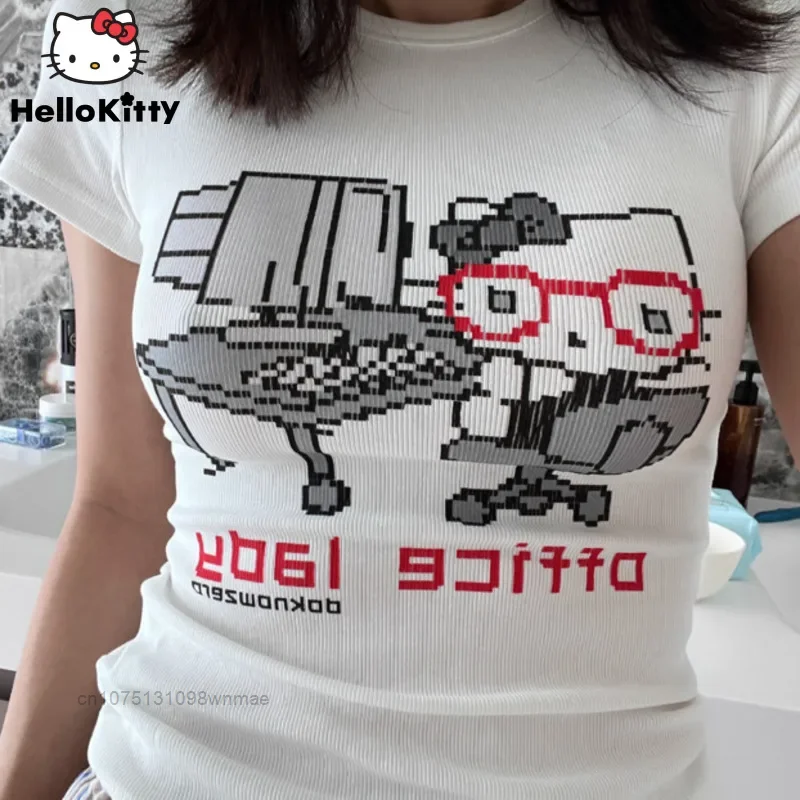 

Sanrio Cotton Hello Kitty Pixel Printed Short Sleeved T-shirt Y2k Women's Summer Simple Slim Tees Manga Style Sweet Spicy Tops