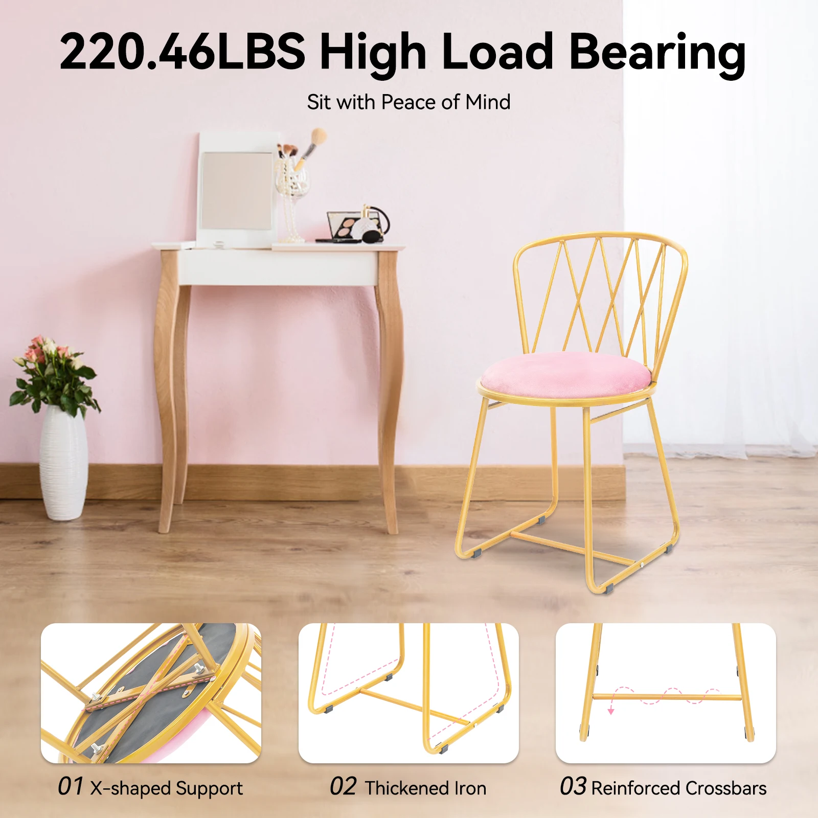 كرسي زينة ذهبي مع وسادة، مقعد مكياج وردي لغرفة الملابس، غرفة النوم، سعة 220 رطل، مسند ظهر منجد #3