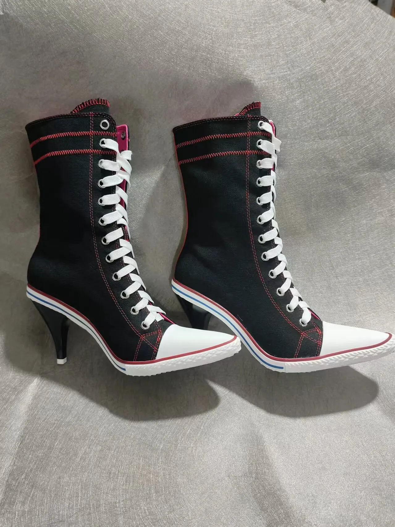 

Single Shoes Woman's Denim Canvas Shoes Round Toe High Heels Fashion High-Top Sneakers Lace-up Denim Women Casual Canvas Boots