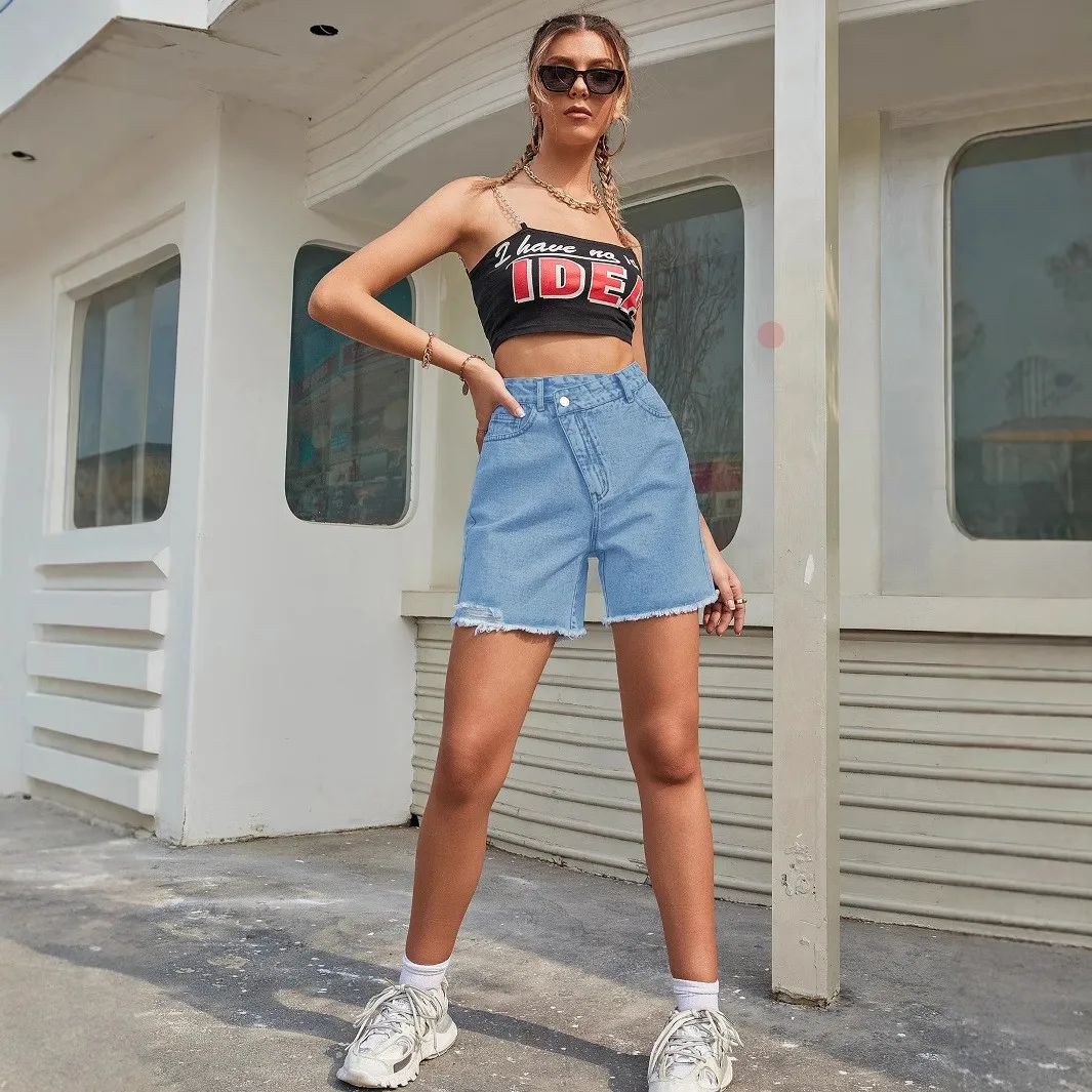Women's Summer Casual Shorts High Waist Light Wash Denim Shorts Distressed Frayed Hem Jean Shorts Straight Cut Cutoff Shorts