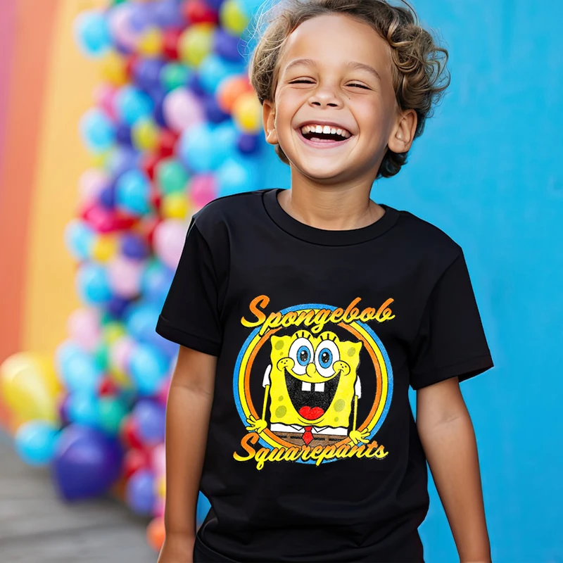 MINISO SpongeBob SquarePants kids T-shirt pure cotton short-sleeved black cartoon top for boys and girls