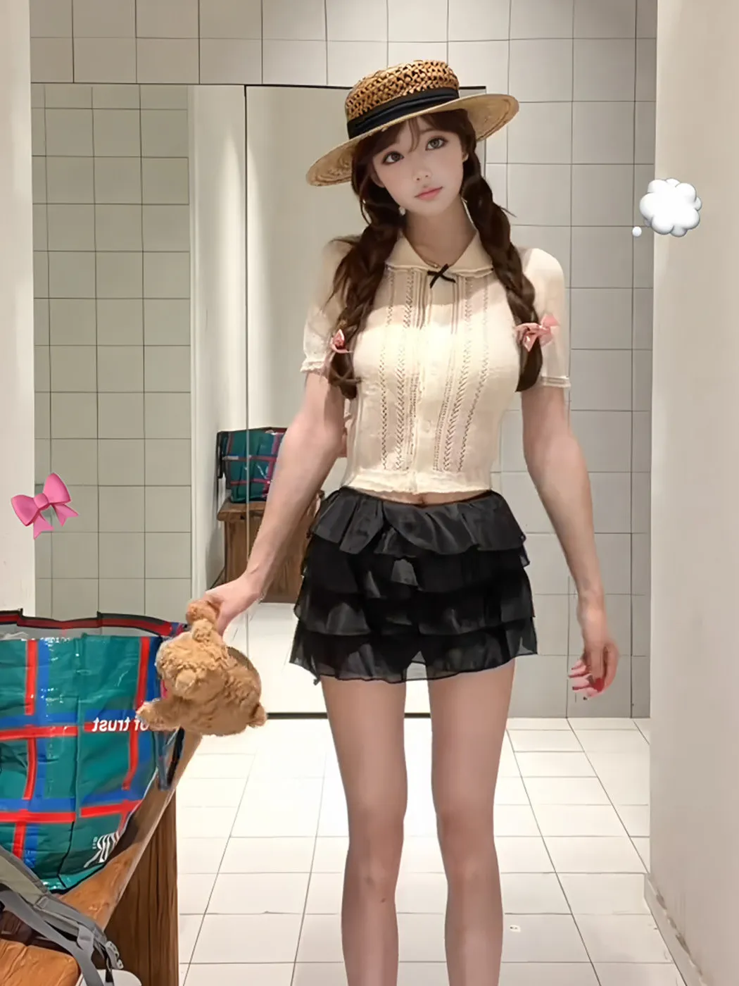 

Sweet Style Knitted T-Shirt And Cake Skirt Two-Piece Set with Puffy Sleeves And Doll Collar Slimming Fit for Women Summer New...