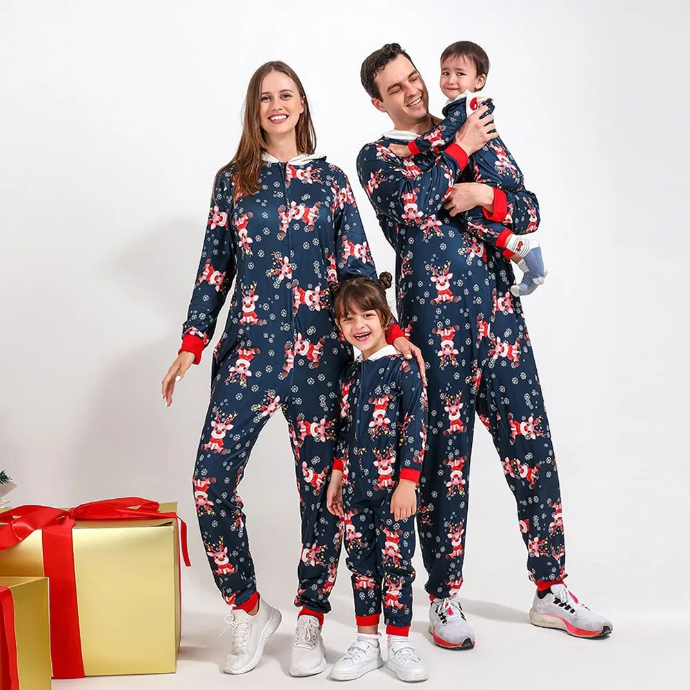 Christmas Family Matching Outfits Cartoon Elk Printed Pajamas Hooded Adult Kids Family Sleepwear Pajamas Set Xmas Clothes