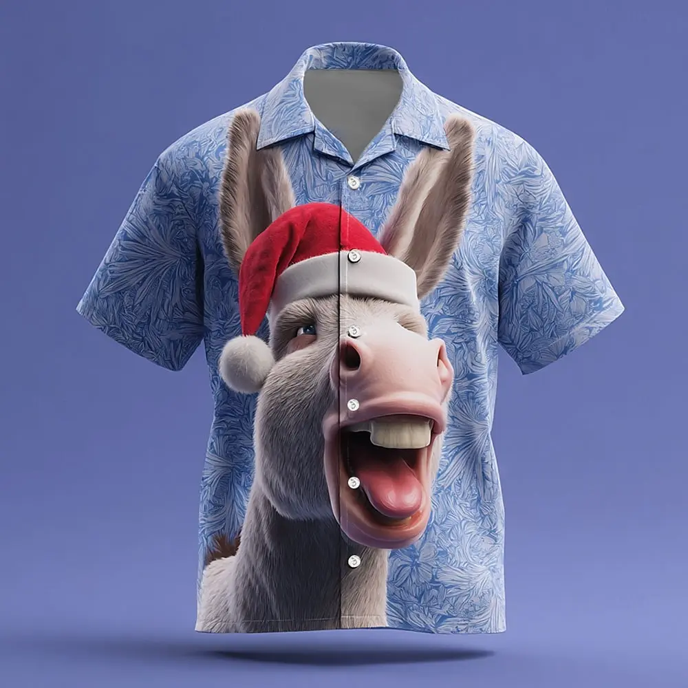 مضحك عيد الميلاد حمار الرسم الرجال قميص مهرجان عطلة عارضة قصيرة الأكمام قميص أزياء فضفاضة زر التلبيب أعلى مريحة #3