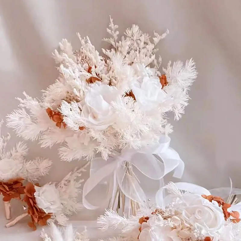 White Natural Dried Flowers Bridal Bouquet Pampas Bridesmaid Bouquet Home Decorative Artificial Flower Arch Wedding Arrangement