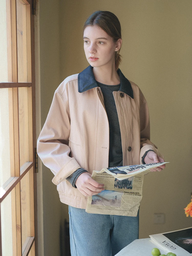 

MarchNoon Vintage Color Block Collar Jacket Loose Fit Cotton Windbreaker Simple Slimming Workwear Style Versatile Oute...