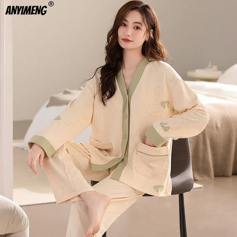 NEW Cotton Autumn Spring Kimono V-neck Women Pajamas Set Long Sleeves Woman Sleepwear Casual Lapel Homesuits Ins Floral Pijamas