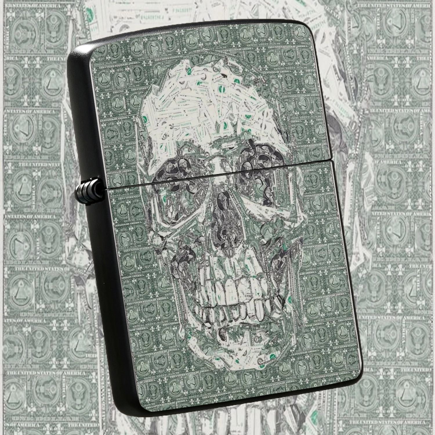 Creative Skull Made Of Us Dollar Bill Collage Pattern Unique Artistic Retro Style Portable Ignition Tool For Decoration Daily Use Outdoor Camping Perfect Novelty Gift For Friends Family Trendy Practical Durable Igniter A Fun And Humorous Li