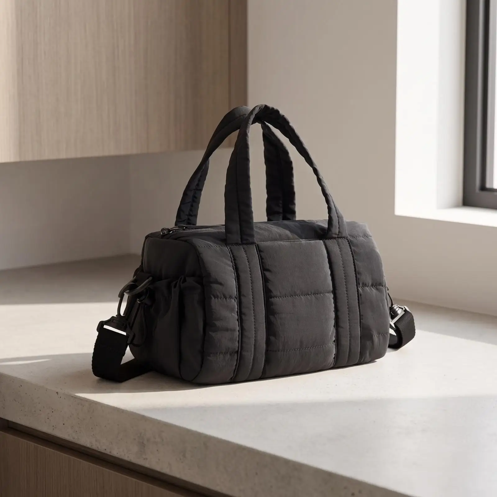 Women Lightweight Quilted Nylon Travel Tote with Zippered Top and Side Pockets for Essential Day Trip Gear