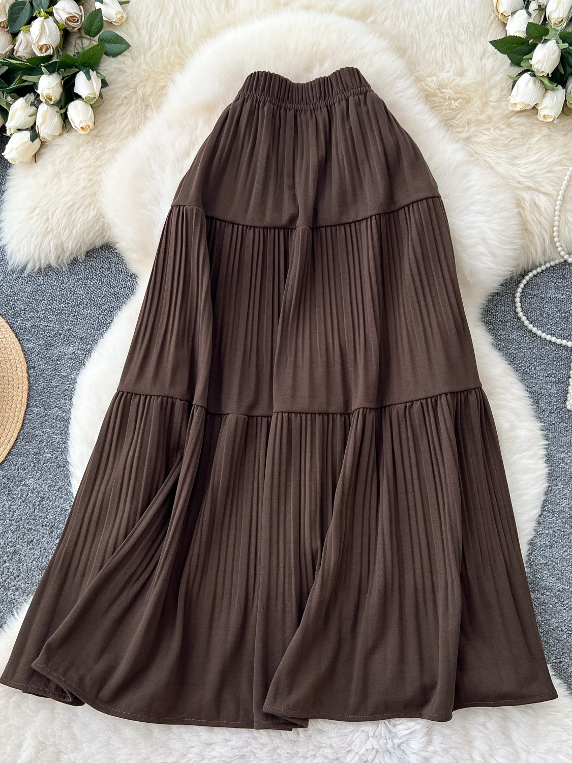 

Ele High Waist f Body Skirt Women's Autumn New Sle Elastic Waist Slimming Pleated Lace Trim Skirts Gentle Sle