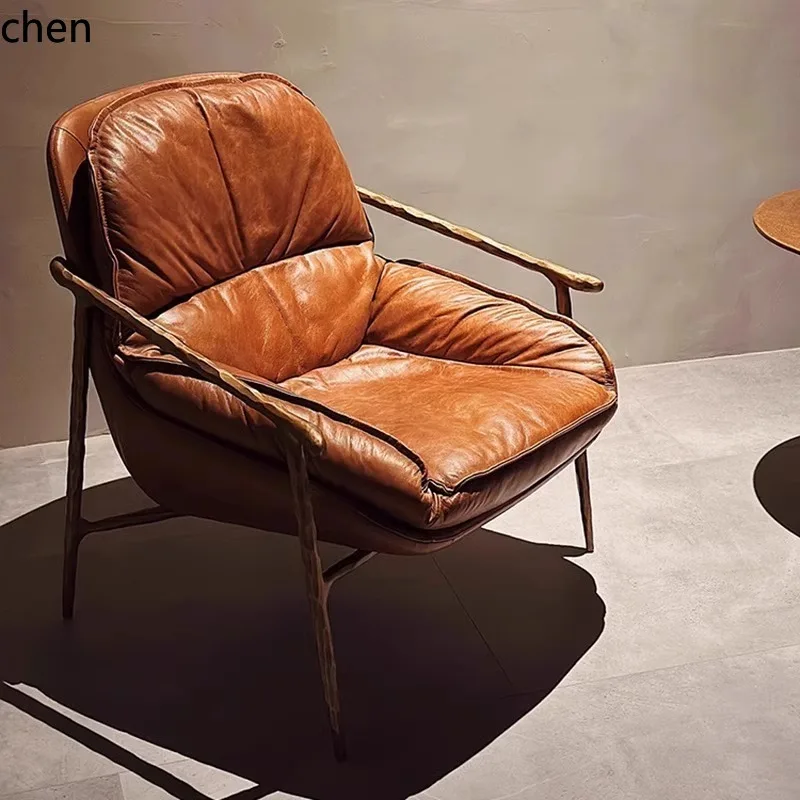 

YXY Vintage Style Leisure Chair Retro Oil Wax Genuine Leather Single Chair Metal Sofa