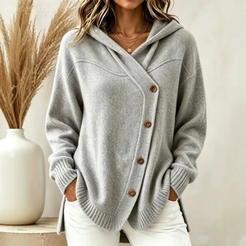 Women Hooded Knit Cardigan Oblique Button Design Long Sleeve Loose Autumn Winter Solid Color Coat Pockets Casual Knitted Sweater 5