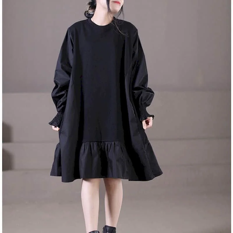 Solid Shirt Dress Vintage Casual Long Sleeve Loose O-neck Korean Style Button Design Knee Length Summer Dress for Women Clothing