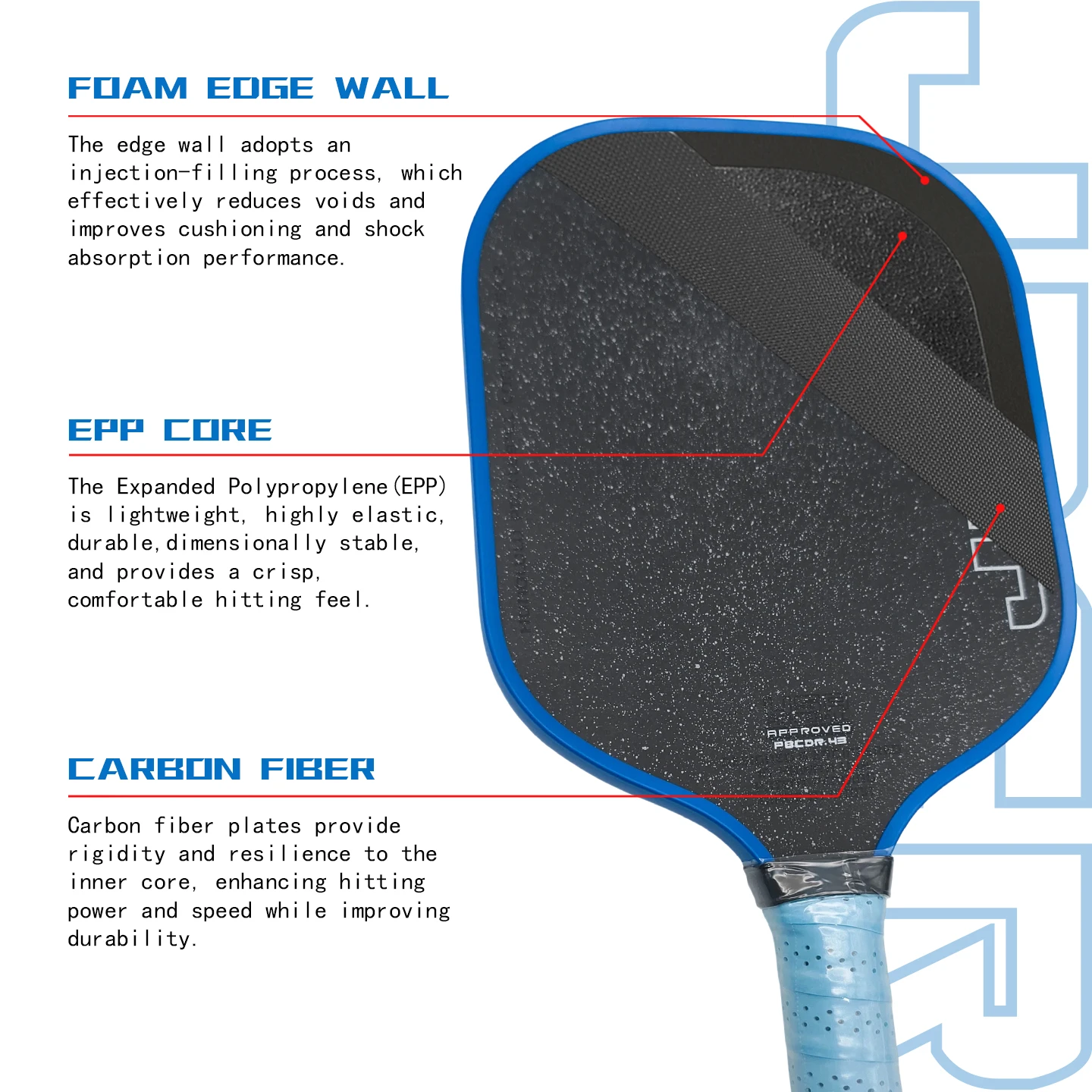 J3CR Hot Press Thermoformed CFC Carbon Fiber Pickleball Paddle with Power Rebound 5th Gen Foam Core USAPA Approved image 4