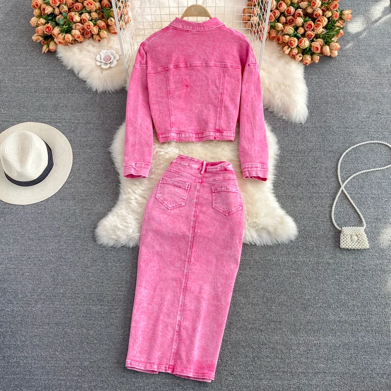 Women Pink Denim Two Pieces Set Single Breasted Turn-down Collar Short Jackets+High Waist Fanny Pack Hip Midi Skirt Suits