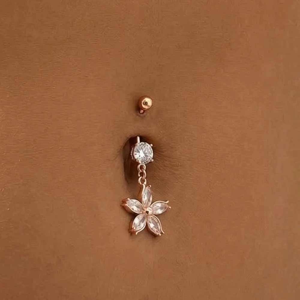 Alloy Rhinestone Piercing Belly Dangled Design Dual Color Apricot Blossom Navel Jewelry Exquisite Shiny