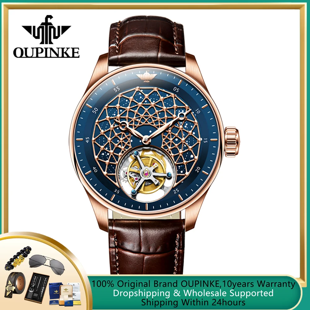OUPINKE High-End Tourbillon Watch for Men Gravity Series Luxury Leather Strap Hollow Out Automatic Mechanical Men\'s Wristwatch