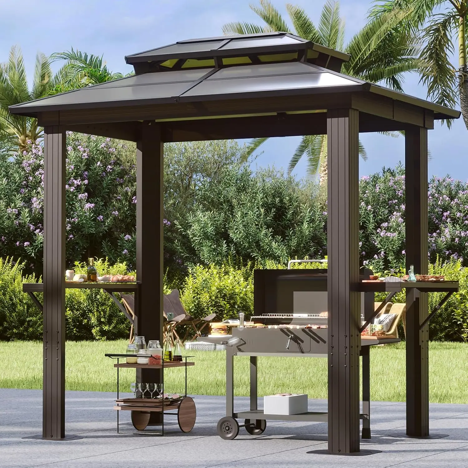 

Grill Gazebo 8 x 5FT Outdoor Barbecue Gazebo with Double Polycarbonate Top Aluminum Grill Canopy with Shelves for Patio Lawn Gar