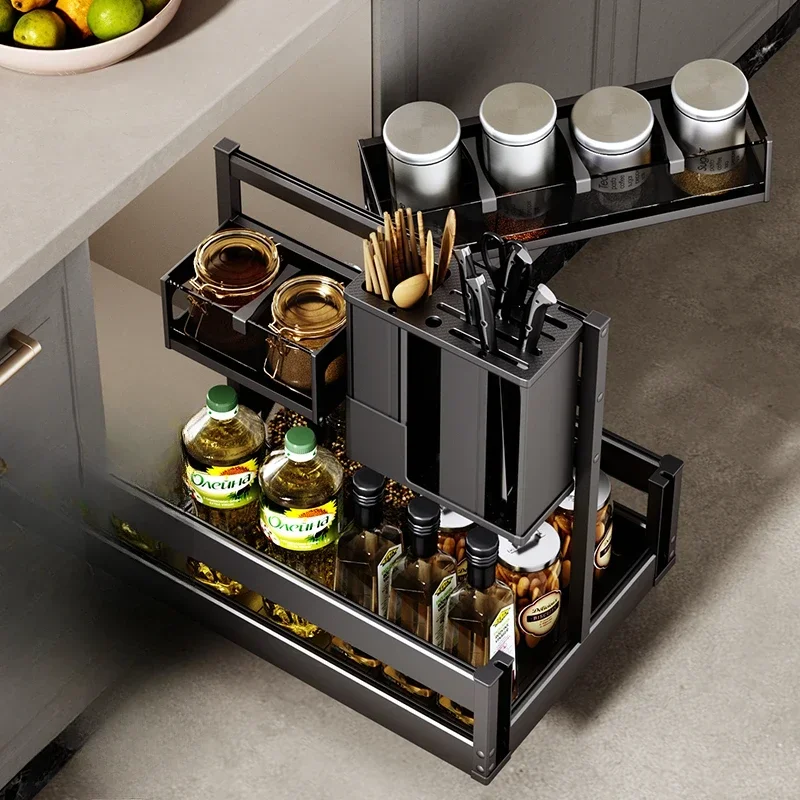 Kitchen cabinets built-in seasoning basket aluminum alloy double-layer extremely narrow drawer type small size storage and tr