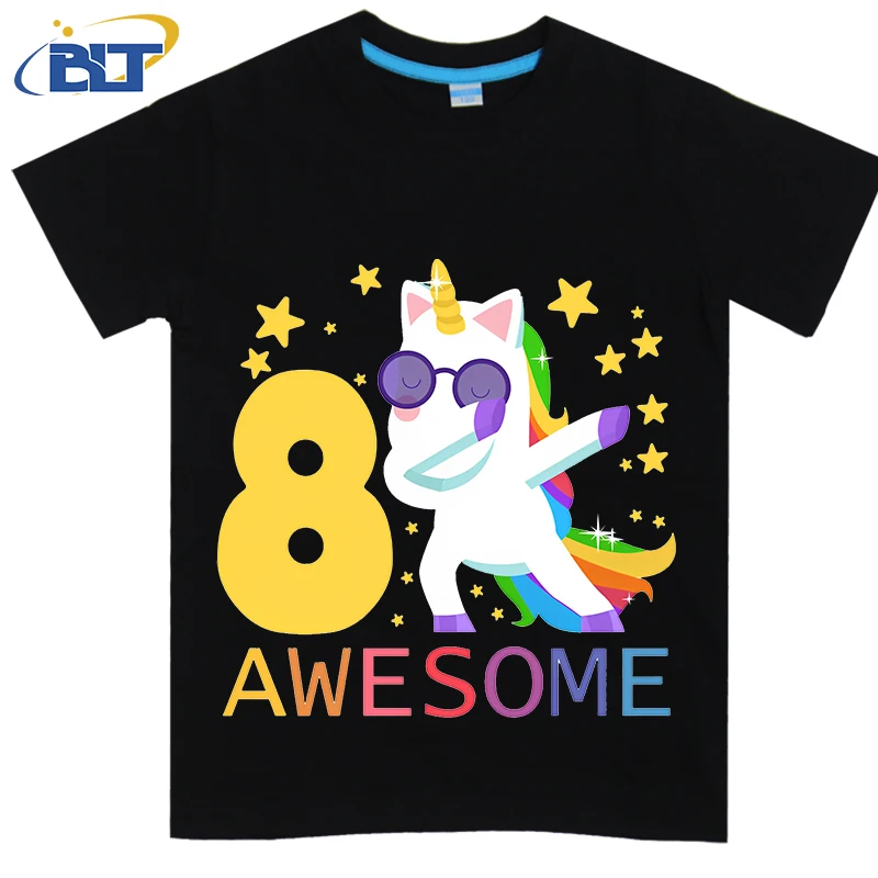 

8Th Birthday Unicorn Girl Party printed kids T-shirt summer cotton short-sleeved casual top suitable for both boys and girls