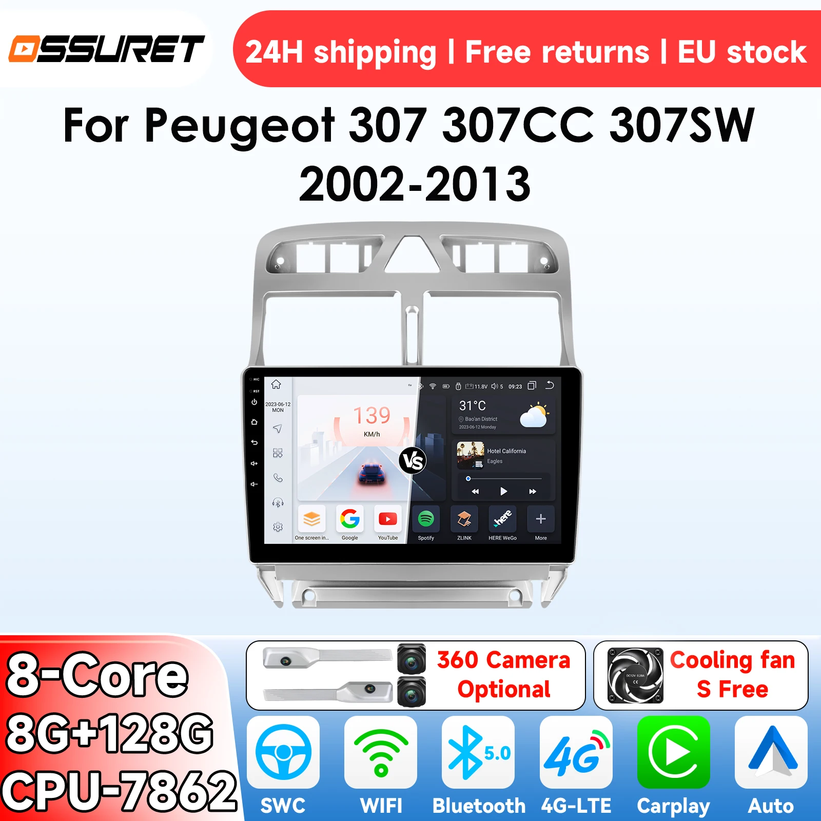 8GB 128GB Android 14 autoradio voor Peugeot 307 307CC 307SW 2002-2013 Intelligente Carplay auto multimediaspeler GPS 4G 7862 - afbeelding 2