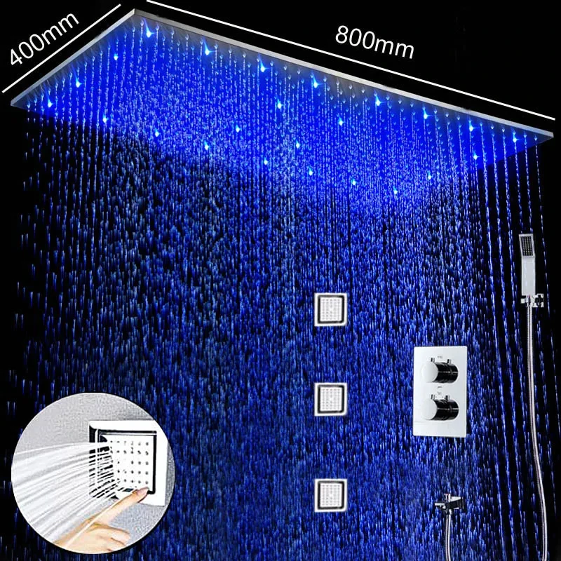 Plan de douche à pluie de plafond, système de douche à LED valide, jets de corps, mélangeur thermostatique, grande douche, 16 po x 31 po, 4 po