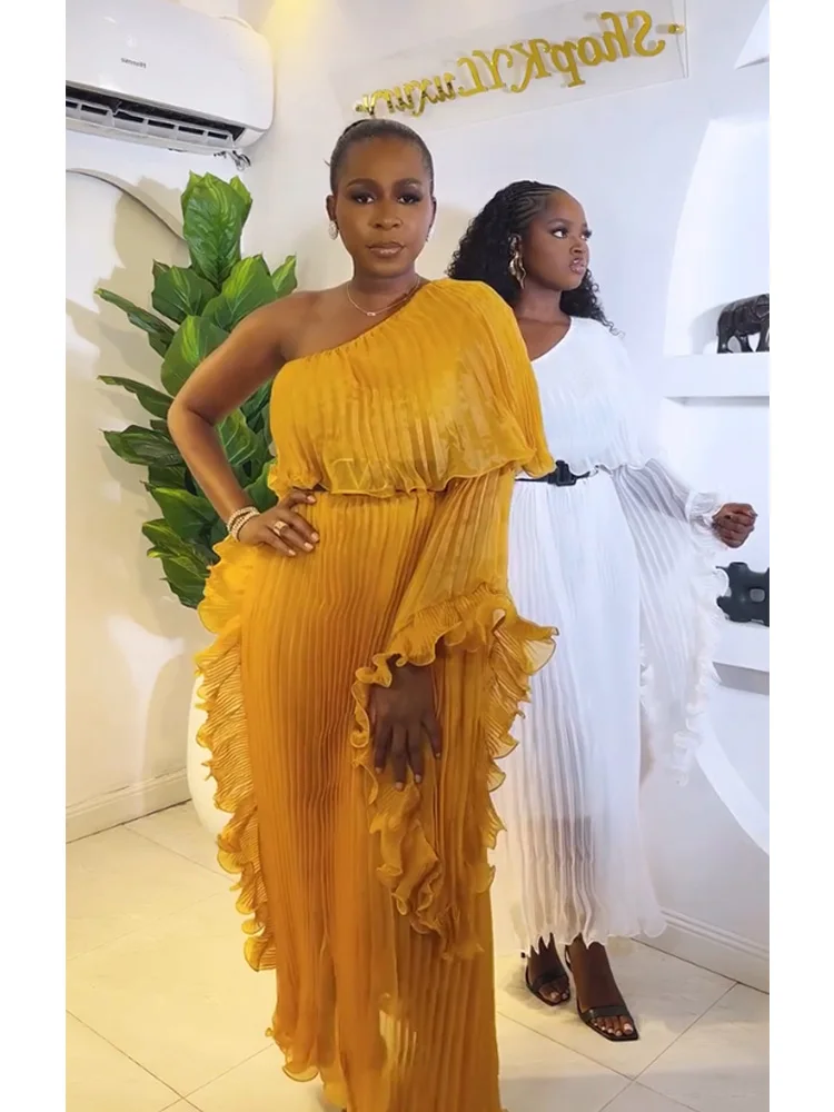 ANLAN مطوي طيات فستان سهرة الراقية مائل الكتف مأدبة حفلة المرأة فساتين طويلة تكدرت الألواح ‌   تصميم مقسم