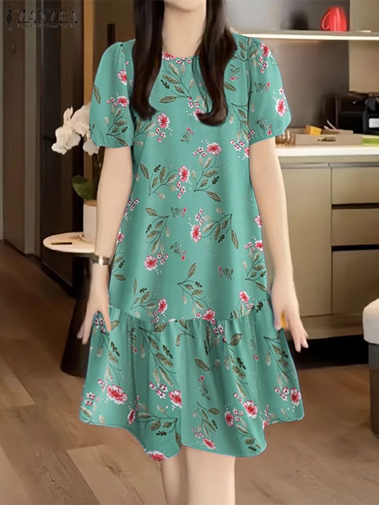 Sukienki damskie do kolan z kwiatowym wzorem na lato 2025, codzienne, z okrągłym dekoltem, krótkim bufiastym rękawem, falbanką na dole, ZANZEA, na co dzień, rozmiar 3XL