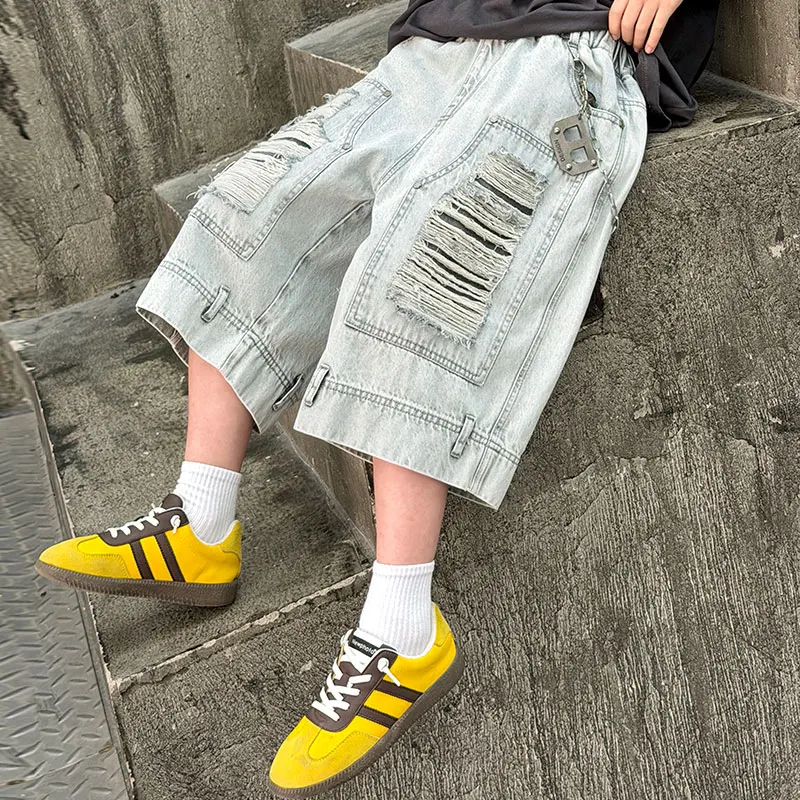 Teenage Boys Ripped Hole Denim Shorts Kids Streetwear Hip Hop Knee Length Pants Harajuku Vintage Baggy Casual Wide-leg Shorts