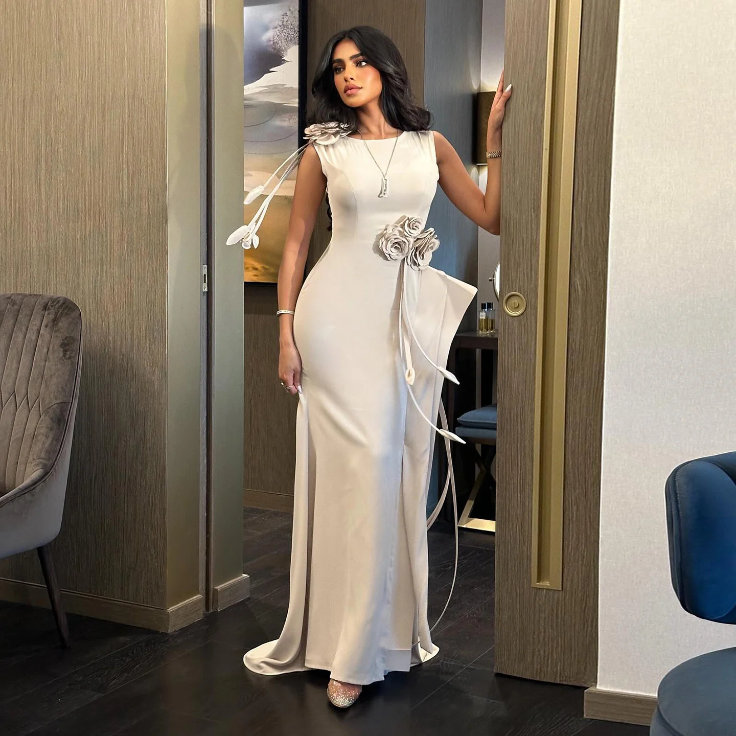 

Sharon Said Khaki Mermaid Strapless Evening Dress Tiered 3D Flowers Side Slit Woman Wedding Dress Gown 2025 SF417 Customized