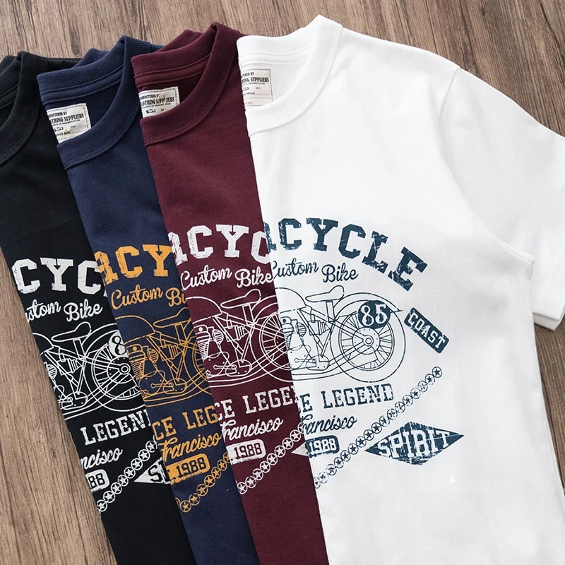 American Retro Pure Cotton round Neck Motorcycle Print Half Sleeve Men's Summer Ameika Short Sleeve T-Shirt Casual Style