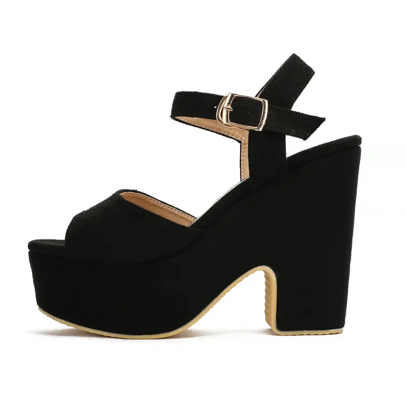 

Office Career Chic Summer Flock Blue Red Open Toe Platform Chunky High Heels Woman Shoes Buckle Strap Women Sandals Big Size 44