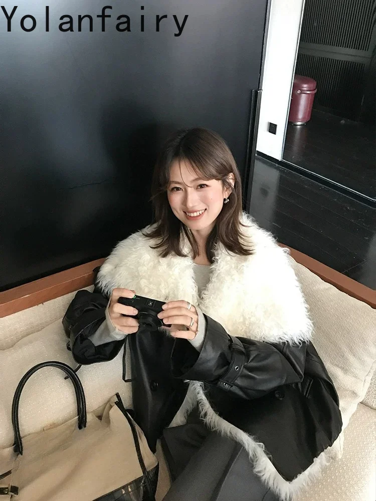 YOLANFAIRY High-end Real Sheepskin Coat Woman Luxury Winter Genuine Leather Jacket Women Natural Lamb Fur Collar Black Coats
