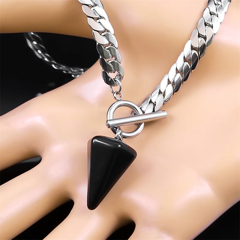 Goth Obsidian Reiki Heilung Pendel für Wahrsagerei Halskette Frauen Edelstahl Kette Kegel Anhänger Halsketten Schmuck NXS03 – Detail 8