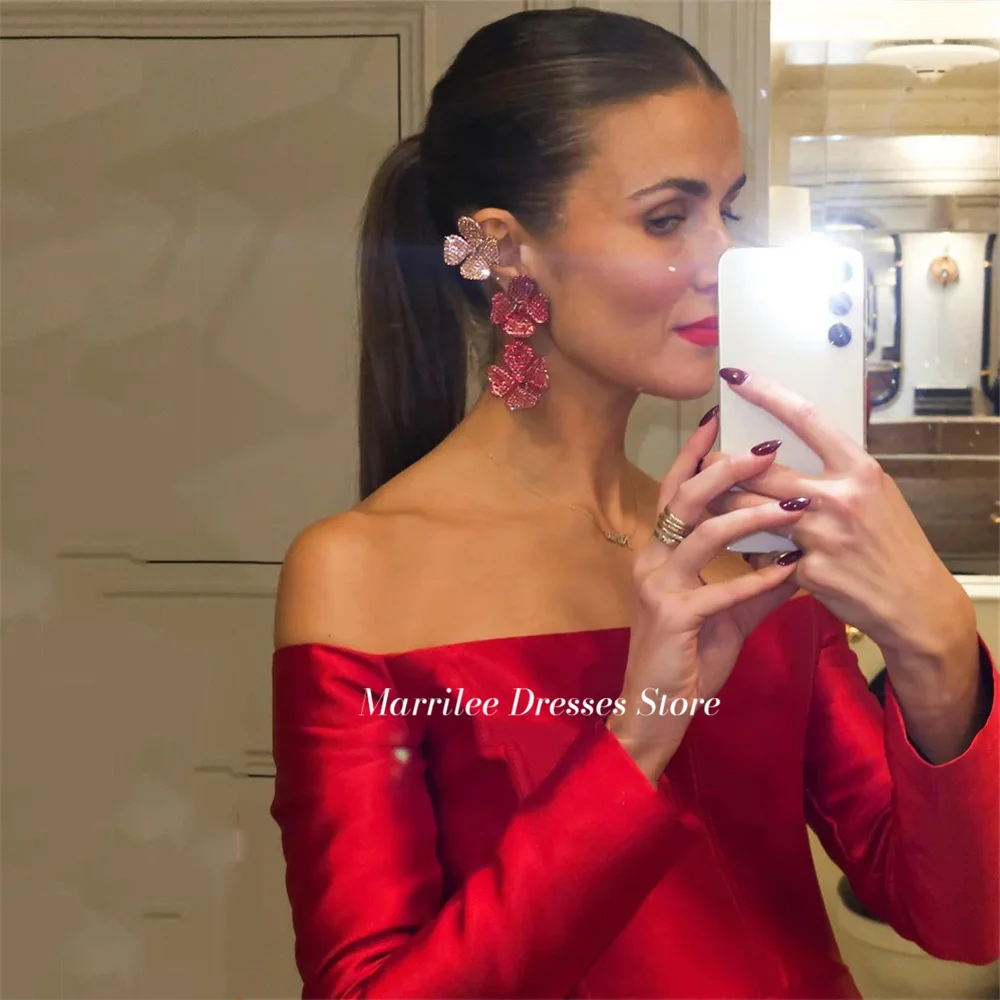 Marrilee Charming Red Long Sleeves Off The Shoulder Stain Evening Dresses Simple A-Line Sexy Cocktail Party Gown Formal Occasion